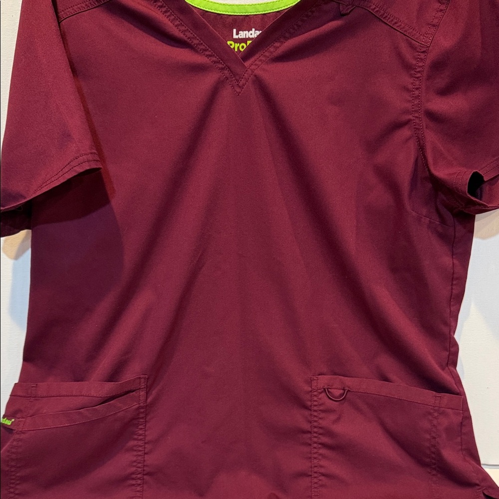 3 Sets of Landau ProFlex Wine Scrubs with Lime Trim and 1 Lab Jacket